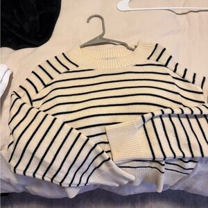 Striped Cream Crewneck Sweater with Black Trim